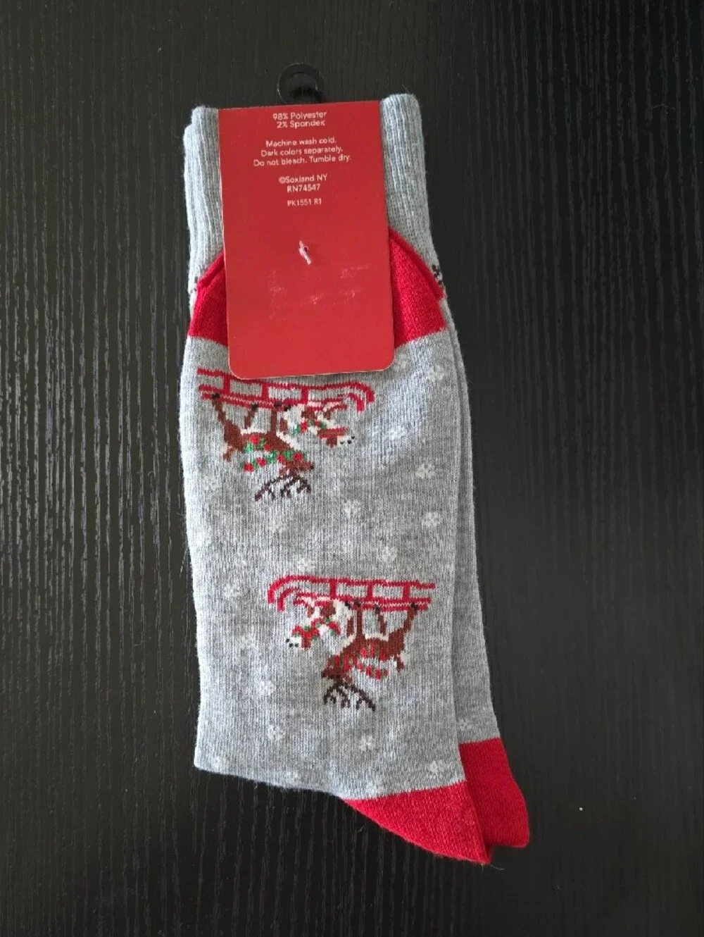 DAVCO Men's Gray Reindeer Crew Socks with Red Accents